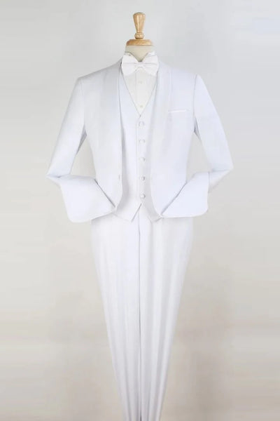 All White Mens Tuxedo - Wedding Suit - Mens One Button Modern Fit Vested Shawl Tuxedo In White - Men's Tuxedo USA