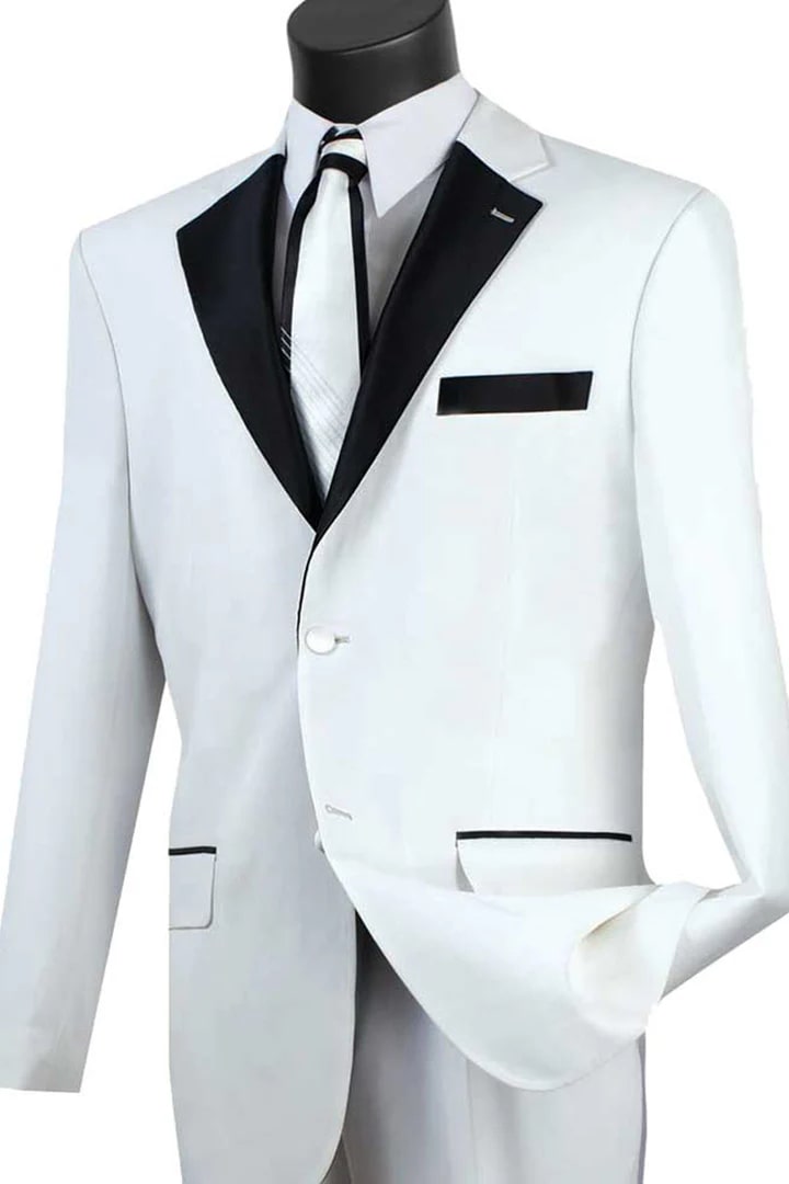 All White Mens Tuxedo - Wedding Suit - Mens 2 Button Contrast Notch Lapel Tuxedo In White - Men's Tuxedo USA