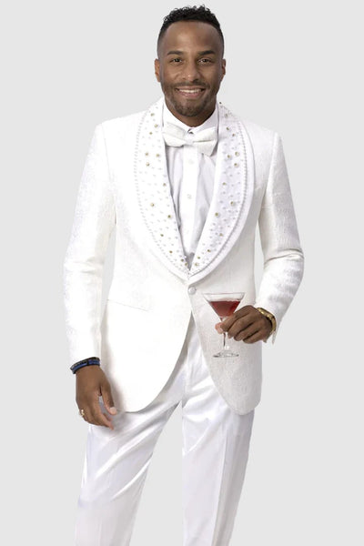 All White Mens Tuxedo - Wedding Suit - Mens Paisley Lace Style Prom Tuxedo Dinner Jacket With Diamond Lapel In White - Men's Tuxedo USA