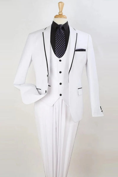All White Mens Tuxedo - Wedding Suit - Mens Two Button Slim Fit Vested Prom Tuxedo Suit With Trim In White - Men's Tuxedo USA