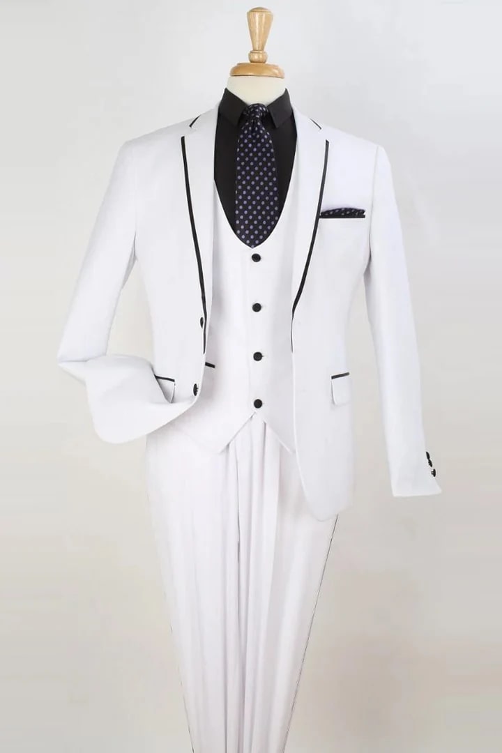 All White Mens Tuxedo - Wedding Suit - Mens Two Button Slim Fit Vested Prom Tuxedo Suit With Trim In White - Men's Tuxedo USA β SuitUSA