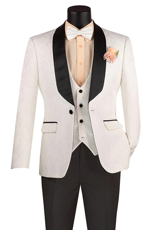 All White Mens Tuxedo - Wedding Suit - Men's Slim Fit Vested Paisley Wedding Tuxedo In White - Men's Tuxedo USA