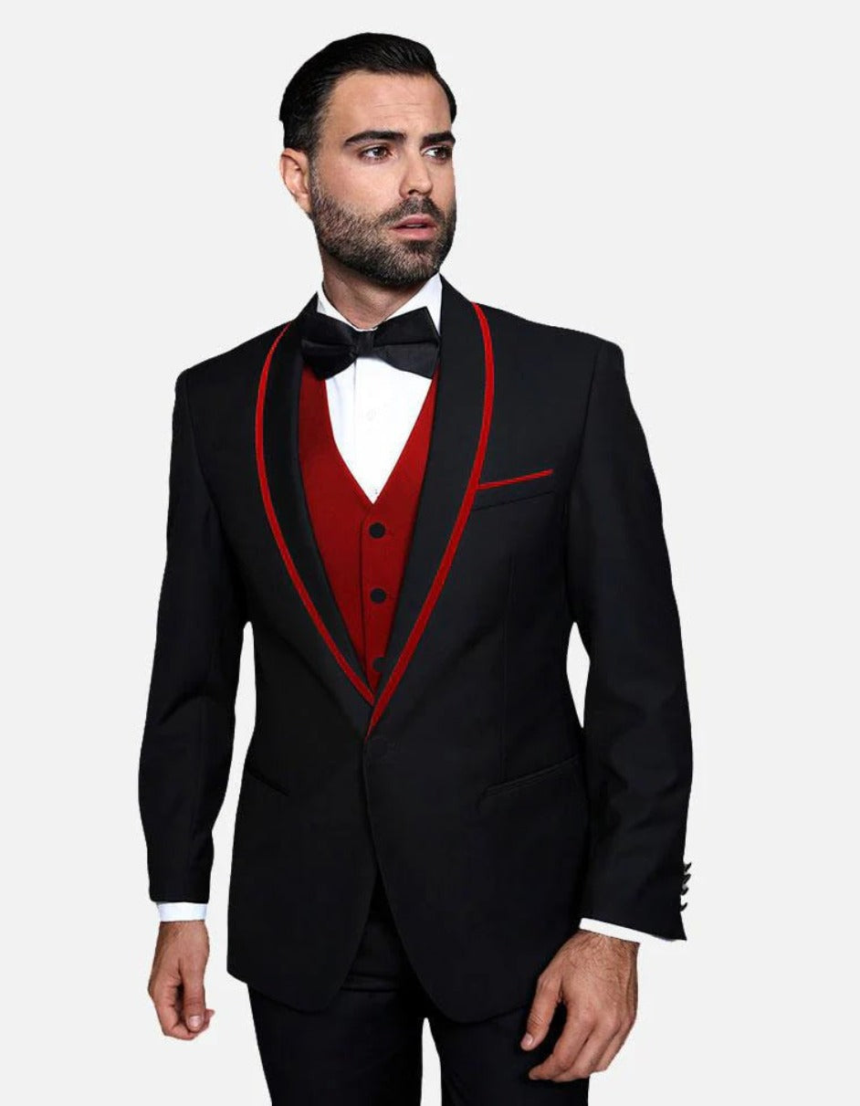 Statement Men's Black with Red Lapel Vested 100% Wool Tuxedo - Men's Tuxedo USA β SuitUSA