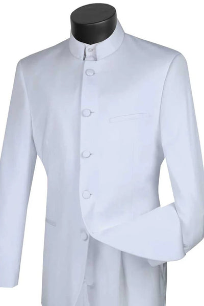 All White Mens Tuxedo - Wedding Suit -Mens Five Button Mandarin Banded Tuxedo In White - Men's Tuxedo USA