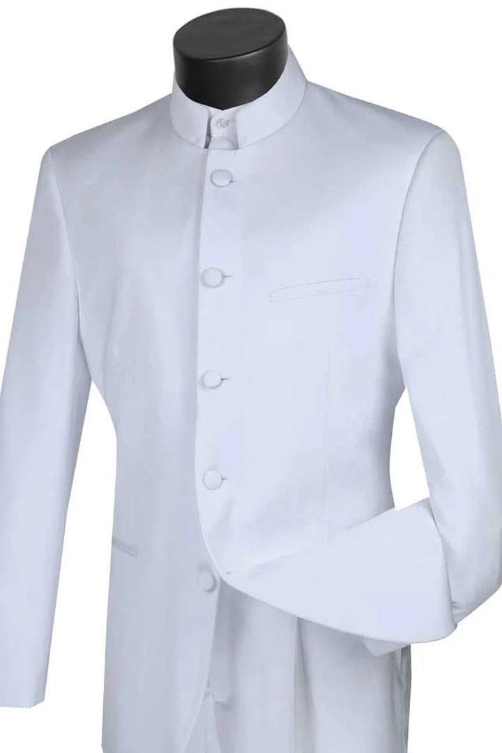 All White Mens Tuxedo - Wedding Suit -Mens Five Button Mandarin Banded Tuxedo In White - Men's Tuxedo USA