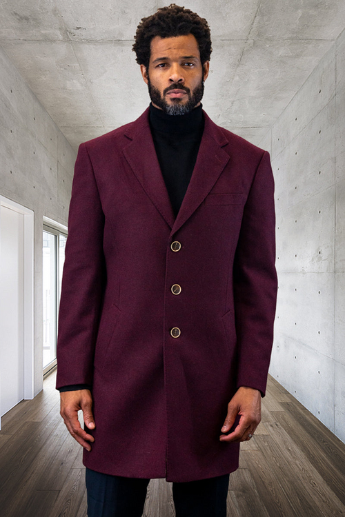 Men's Burgundy Wool Overcoat