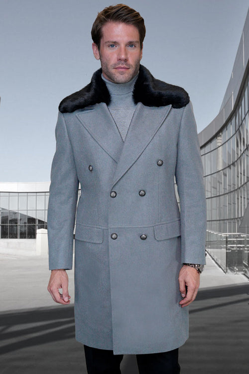 Men's Gray Double Breasted Winter Overcoat with Removable Fur Collar