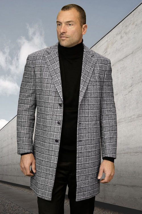 Men's Designer 100% Wool Winter Car Coat in Black Plaid by Statement