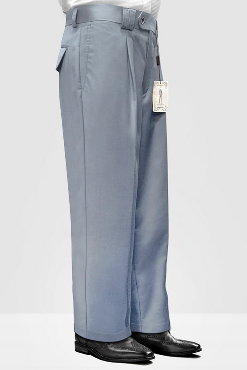 Men's Steel Blue Wool Pleated Wide Leg Trousers