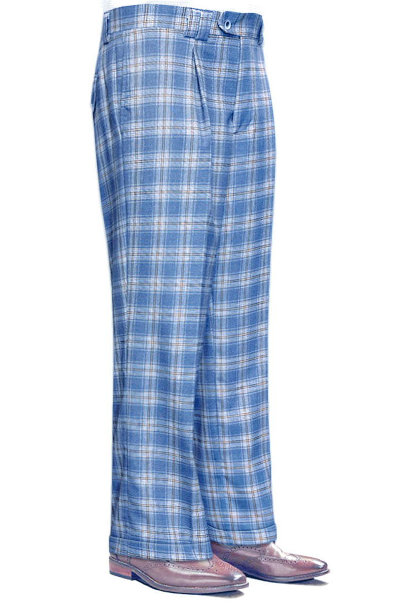 Men's Light Blue Plaid Wool Pleated Wide Leg Pants