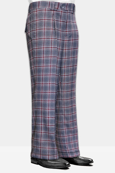 Men's Wool Pleated Wide Leg Dress Pants in Charcoal Grey Plaid