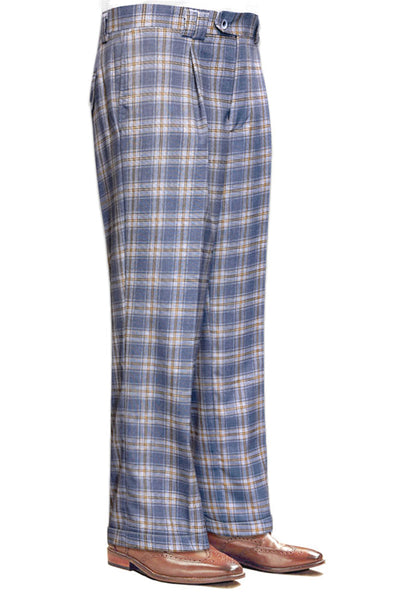 Men's Wool Pleated Wide Leg Dress Pants in Grey & Blue Plaid