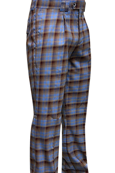 Men's Wool Pleated Wide Leg Dress Pants in Blue & Brown Plaid