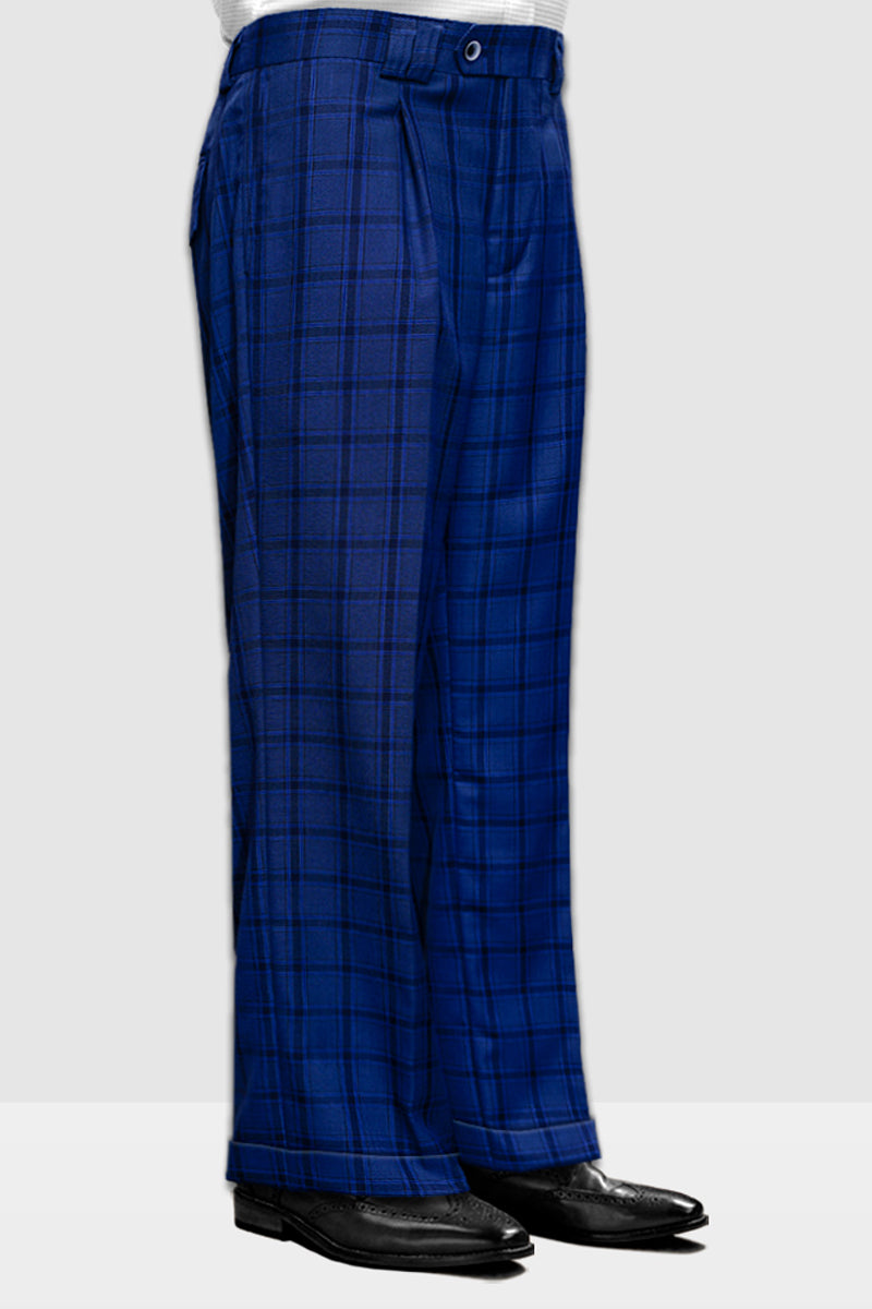 Mens Designer Wool Pleated Wide Leg Dress Pants in Sapphire Blue Plaid by USA Men's Outlet