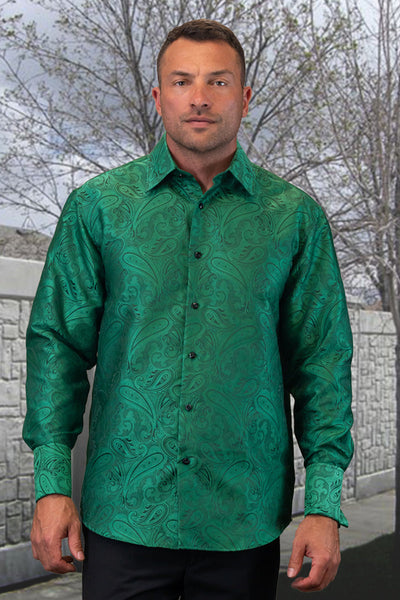 Men's Woven Paisley Dress Shirt in Forest Green