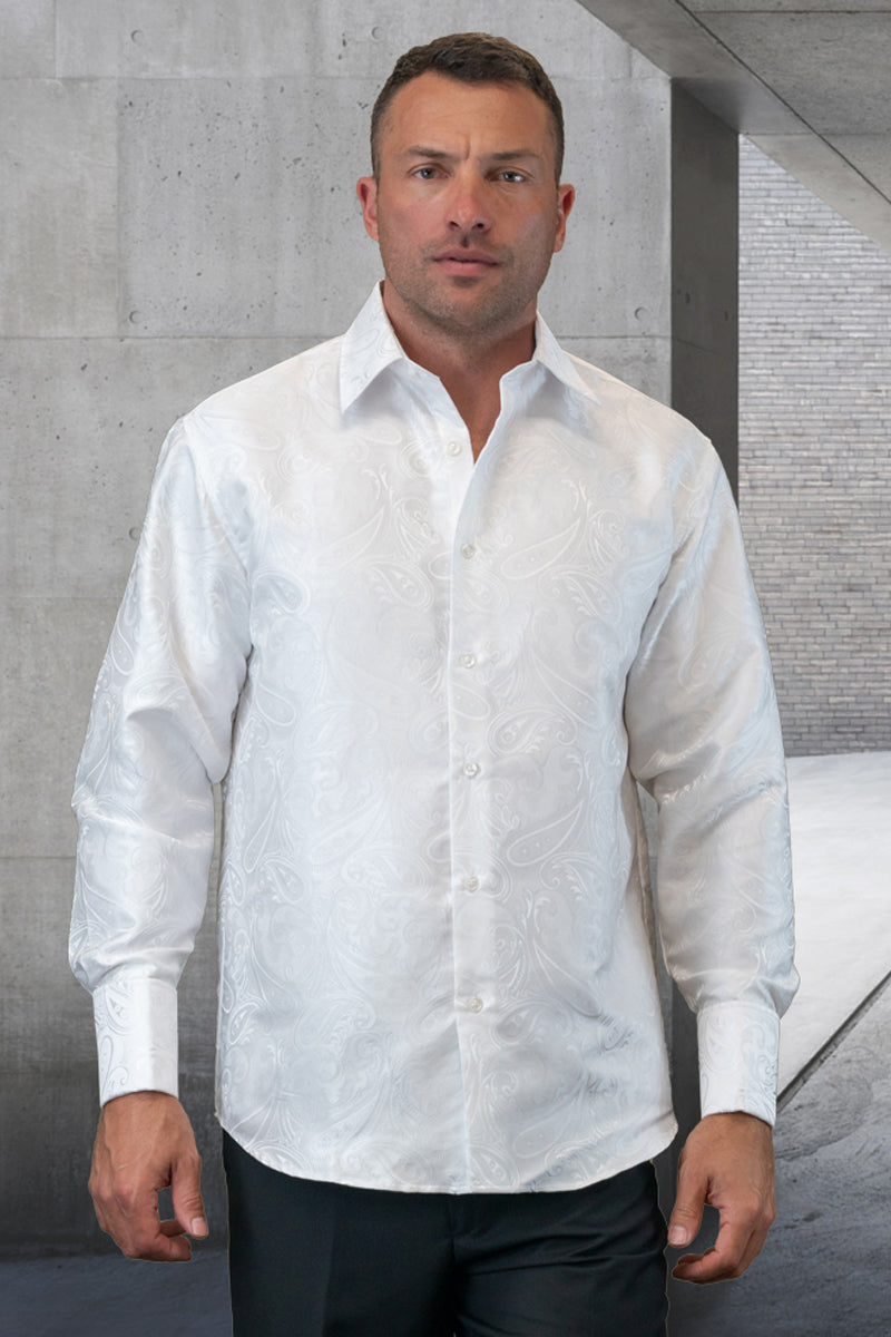 Men's Woven Paisley Dress Shirt in White by Statement Suits