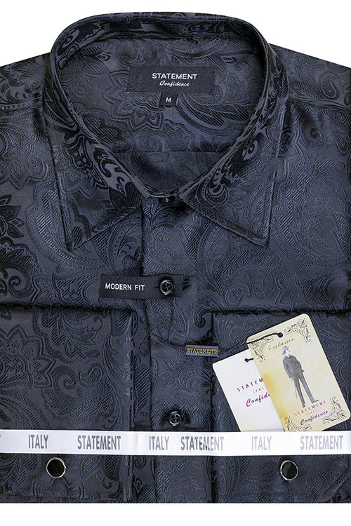 Men's Woven Paisley French Cuff Dress Shirt in Black