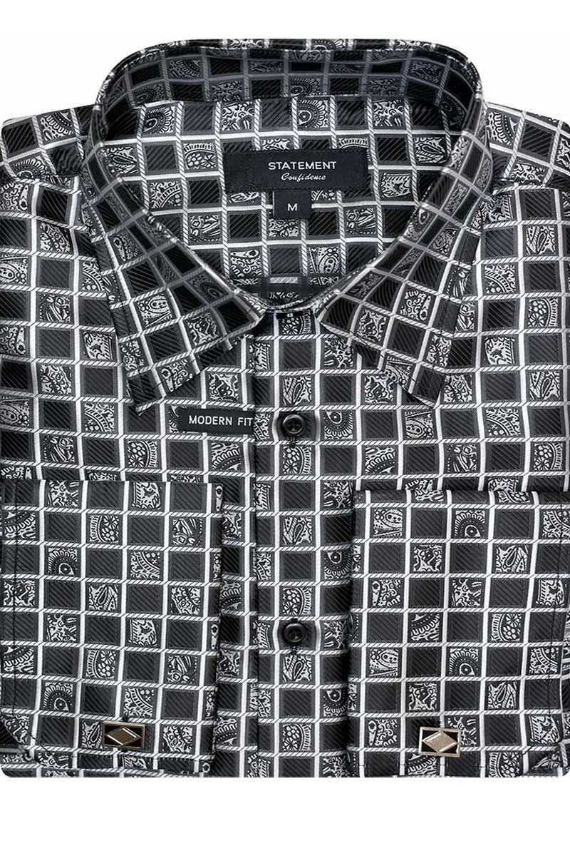 Men's French Cuff Dress Shirt in Black Windowpane – SuitUSA
