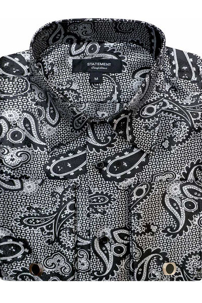 Men's French Cuff Dress Shirt in Black Paisley Print
