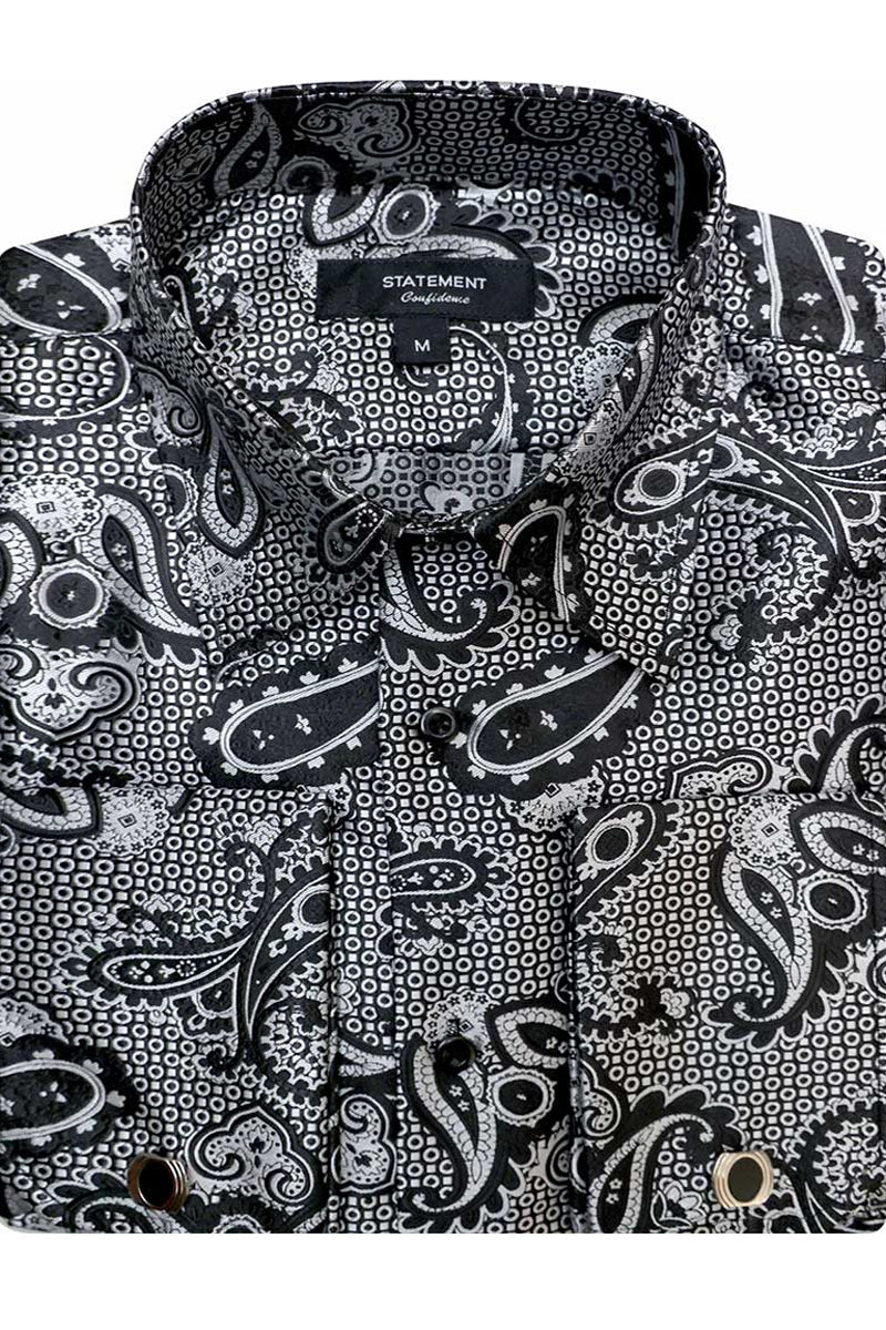 Men's French Cuff Dress Shirt in Black Paisley Print