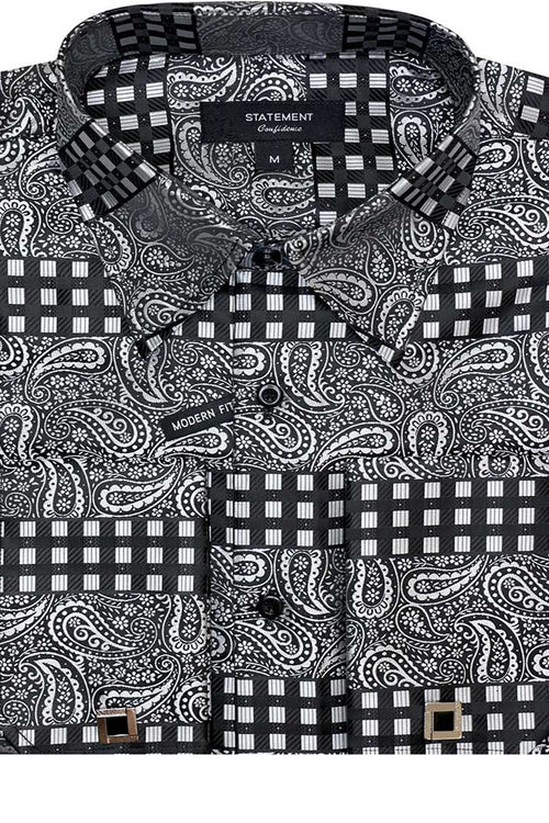 Men's French Cuff Dress Shirt in Black Paisley Plaid