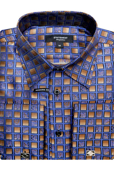 Men's Royal Blue Check French Cuff Dress Shirt