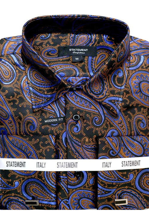 Men's Fancy French Cuff Dress Shirt in Sapphire Blue Paisley