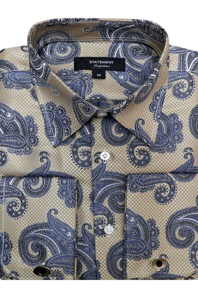 Men's Fancy French Cuff Dress Shirt in Tan & Blue Paisley