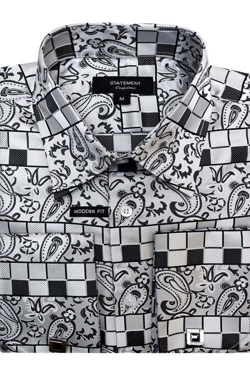 Men's French Cuff Dress Shirt in White Paisley Check