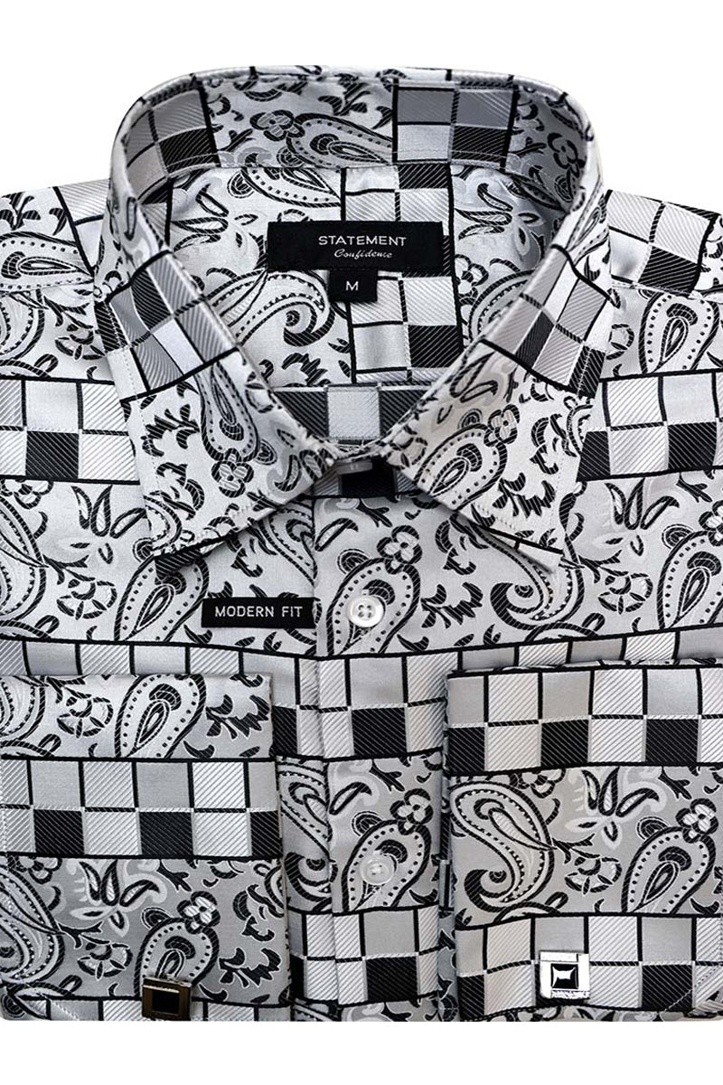 Men's French Cuff Dress Shirt in White Paisley Check