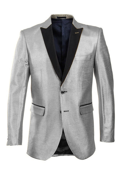 Men's Slim Fit Satin Tuxedo Blazer in Silver & Black