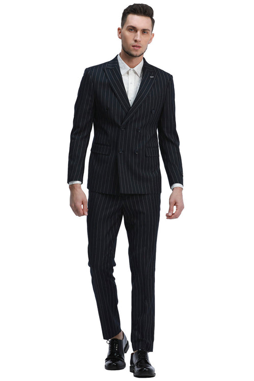 Men's Double Breasted Pinstripe Suit in Black