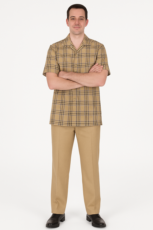 Men’s Beige Plaid Short Sleeve Shirt – Casual Summer Wear