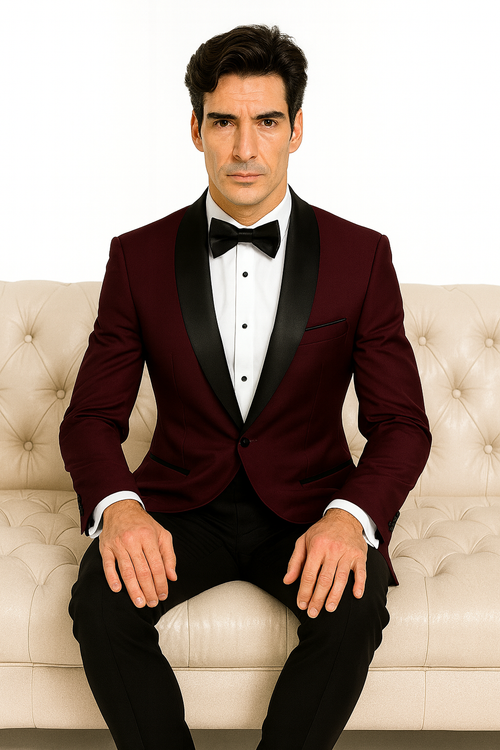 Prom Tuxedo - Wedding Suit - Groom Suit MEN'S BURGUNDY WITH BLACK LAPEL VESTED 100% WOOL TUXEDO