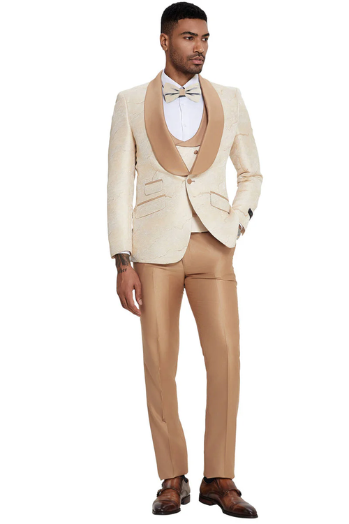 Mens Slim Fit Vested Wedding Prom Shawl Lapel Paisley Tuxedo in Gold by USA Men's Outlet