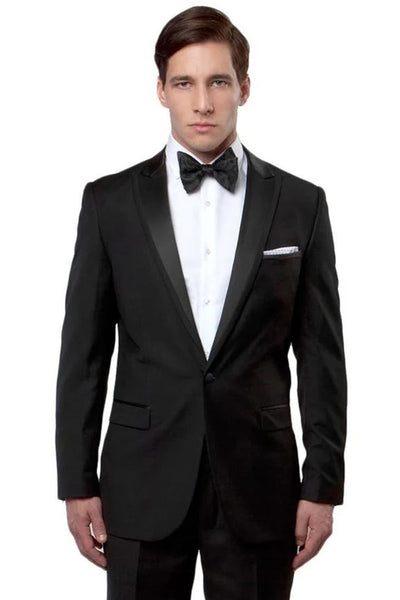 Black Prom Suit - Men's Slim Fit One Button Satin Trim Peak Lapel Black Tuxedo