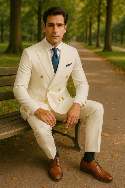 Mens White Double-Breasted Suit with Gold Buttons - Formal Slim Fit 2-Piece Set by USA Men's Outlet
