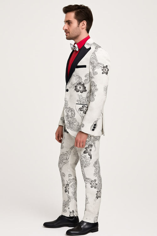 Mens White Floral Tuxedo with Black Lapel – 3-Piece Designer Prom Suit Wedding Suit