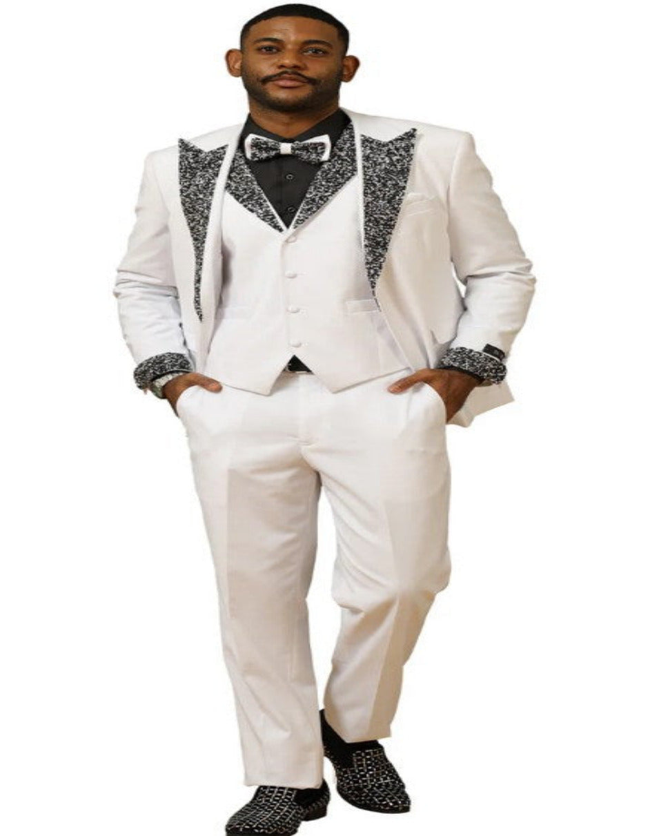 White Prom Tuxedo - Perfect Wedding Suit Vested Rhinestone Lapelled