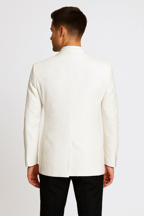 Men’s White Swirl Pattern Tuxedo Jacket with White Satin Shawl Lapel by USA Men's Outlet