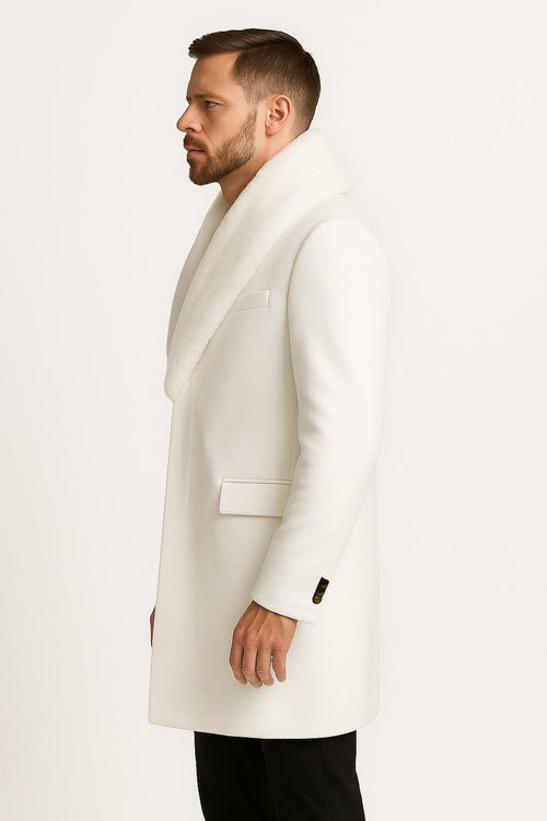 Mens White Wool Overcoat with Plush Faux Fur Shawl Collar - Alberto Nardoni Formal Winter Coat USA Men's Outlet