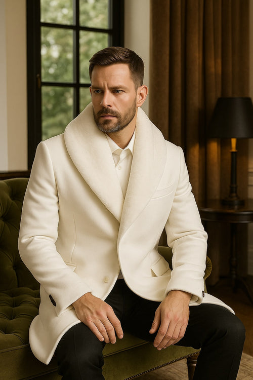 Mens White Wool Overcoat with Plush Faux Fur Shawl Collar - Alberto Nardoni Formal Winter Coat USA Men's Outlet