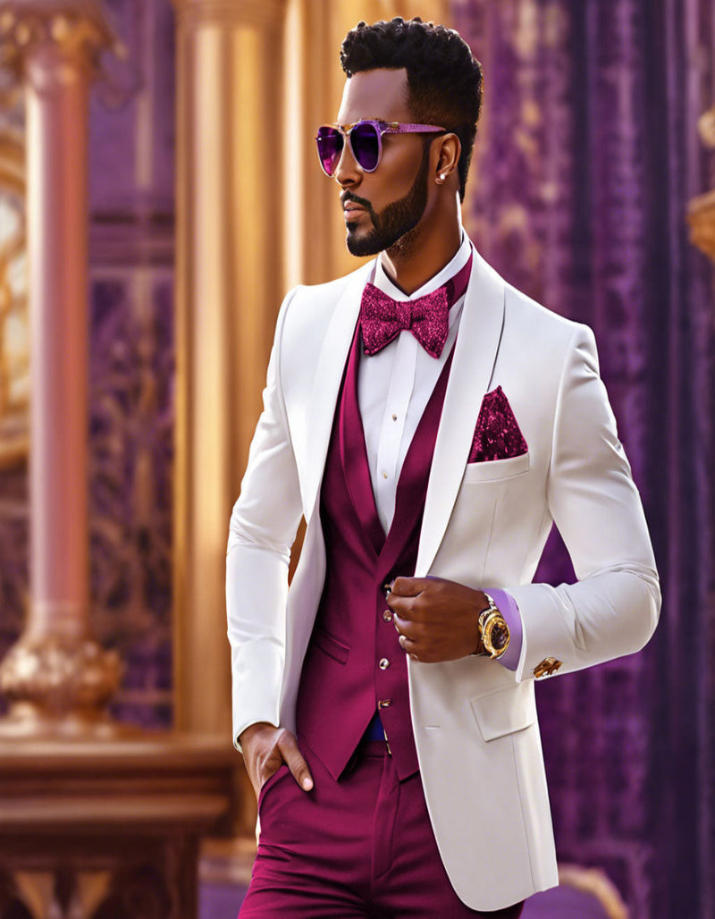 White and Burgundy Tuxedo Wedding Suit - White Dinner Jacket + Vest + Pants + Bow-tie