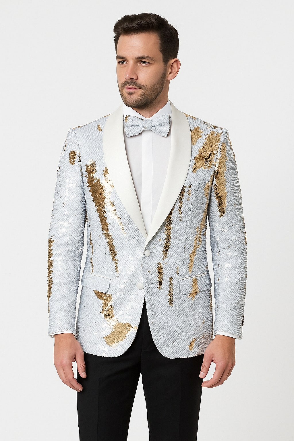 Mens White and Gold Reversible Sequin Tuxedo Jacket with Satin Lapel and Matching Bow Tie