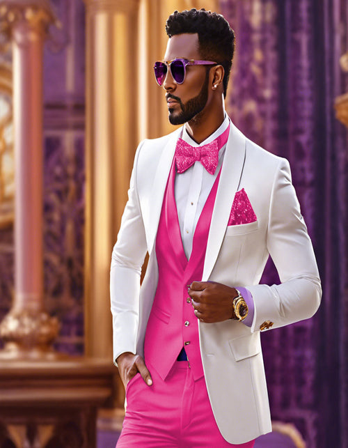 White and Hot Pink Tuxedo Wedding Suit - White Dinner Jacket + Vest + Pants + Bow-tie