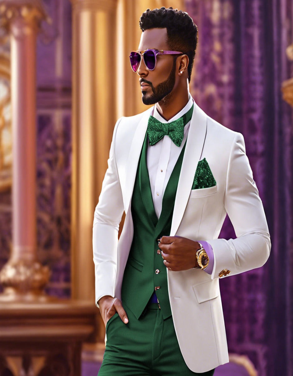 White and Hunter Tuxedo Wedding Suit - White Dinner Jacket + Vest + Pants + Bow-tie