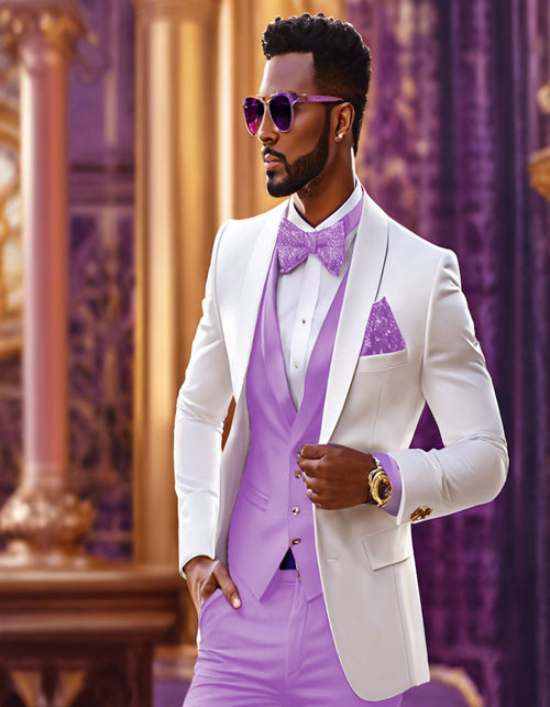 White and Lavender Tuxedo Wedding Suit - White Dinner Jacket + Vest + Pants + Bow-tie