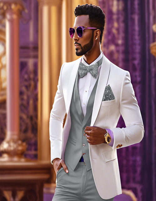 White and Light Grey Tuxedo Wedding Suit - White Dinner Jacket + Vest + Pants + Bow-tie