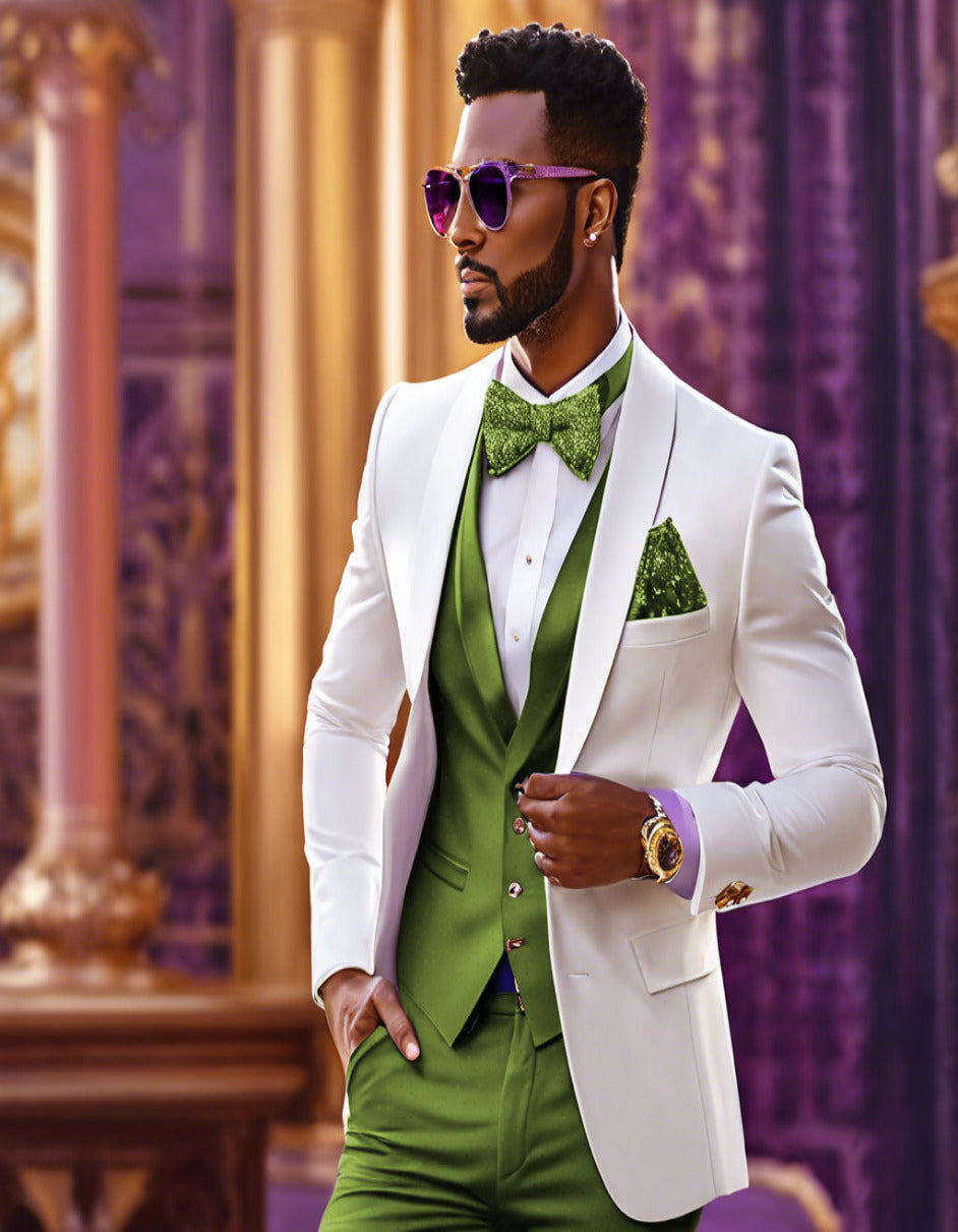 White and Olive Green Tuxedo Wedding Suit - White Dinner Jacket + Vest + Pants + Bow-tie