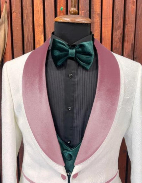 White and Rose Gold Tuxedo Suit - Wedding Groom Vested Suit